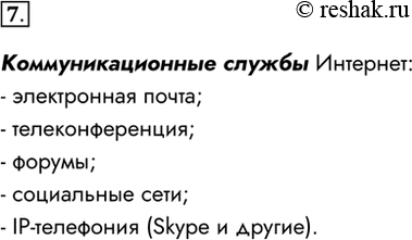 Изображение 7. Назовите известные вам коммуникационные службы Интернета.Коммуникационные службы Интернет:- электронная почта;- телеконференция;- форумы;- социальные...